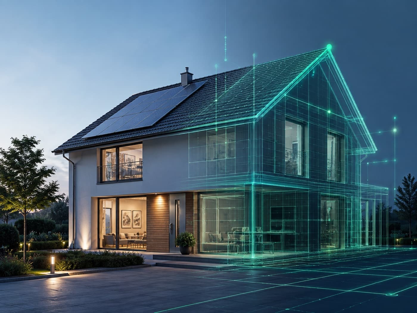Wohnhaus mit Photovoltaik-Anlage, überlagert von einem digitalen Gebäudemodell